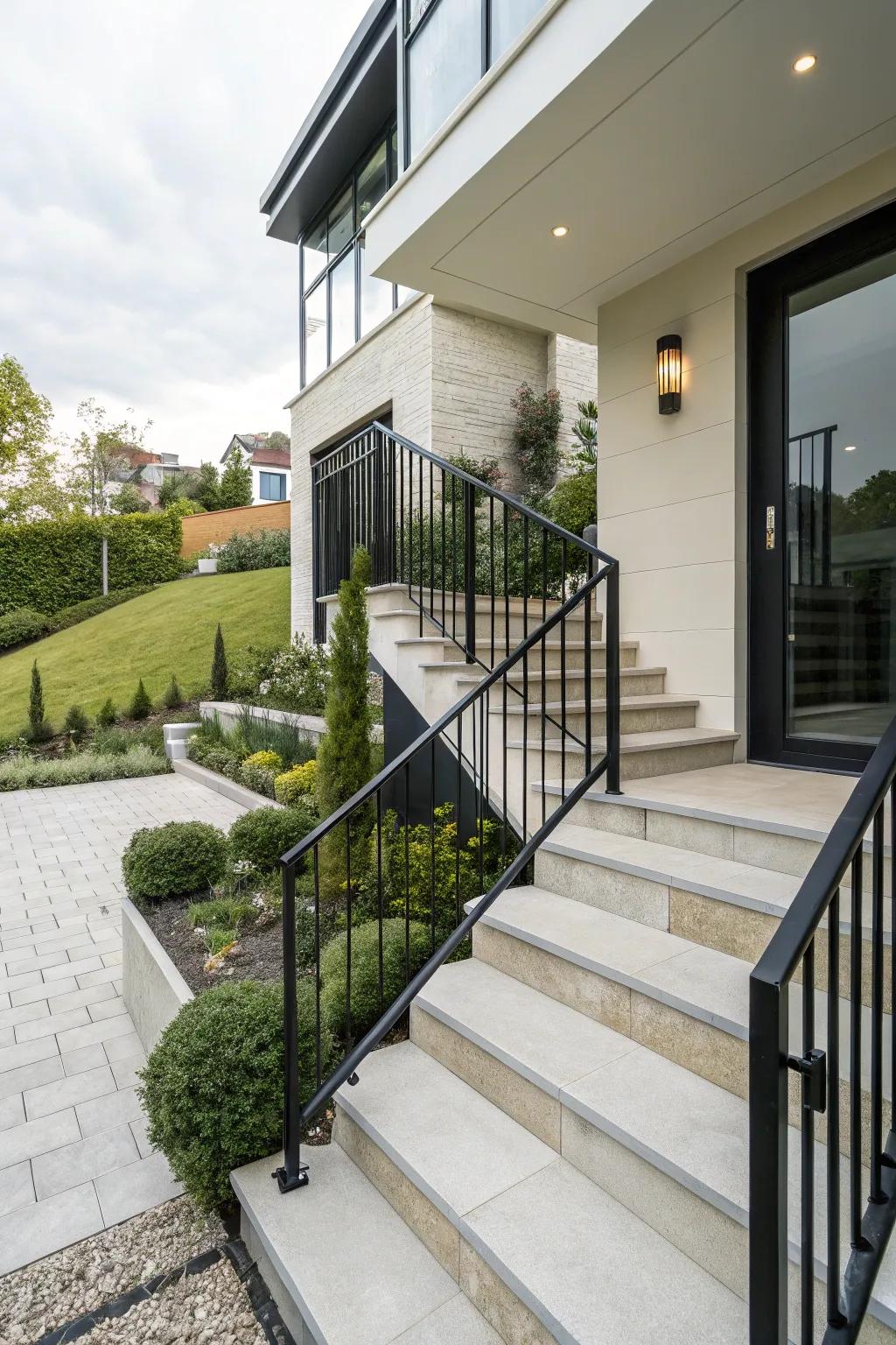 Bold black metallic banisters add a modern flair.