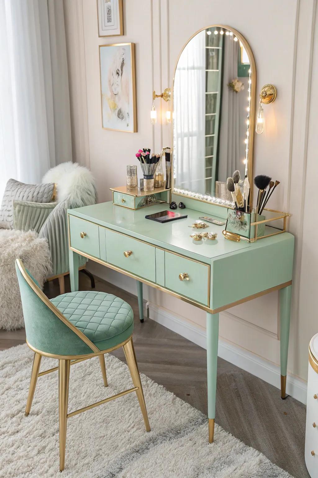 A mint and gilded dressing table infuses chic sophistication into your space.