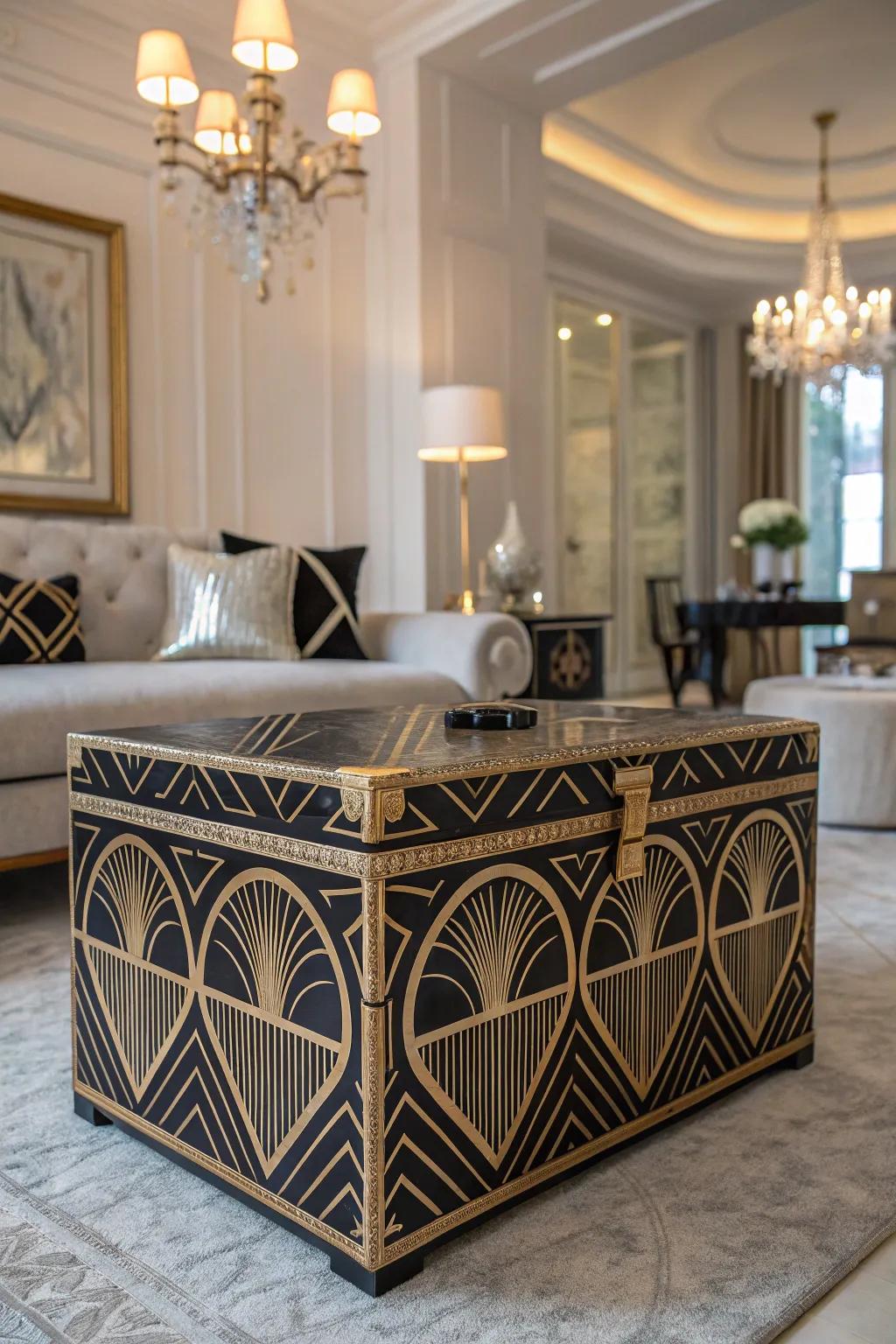 Deco-Era allure with geometric gilded patterns.
