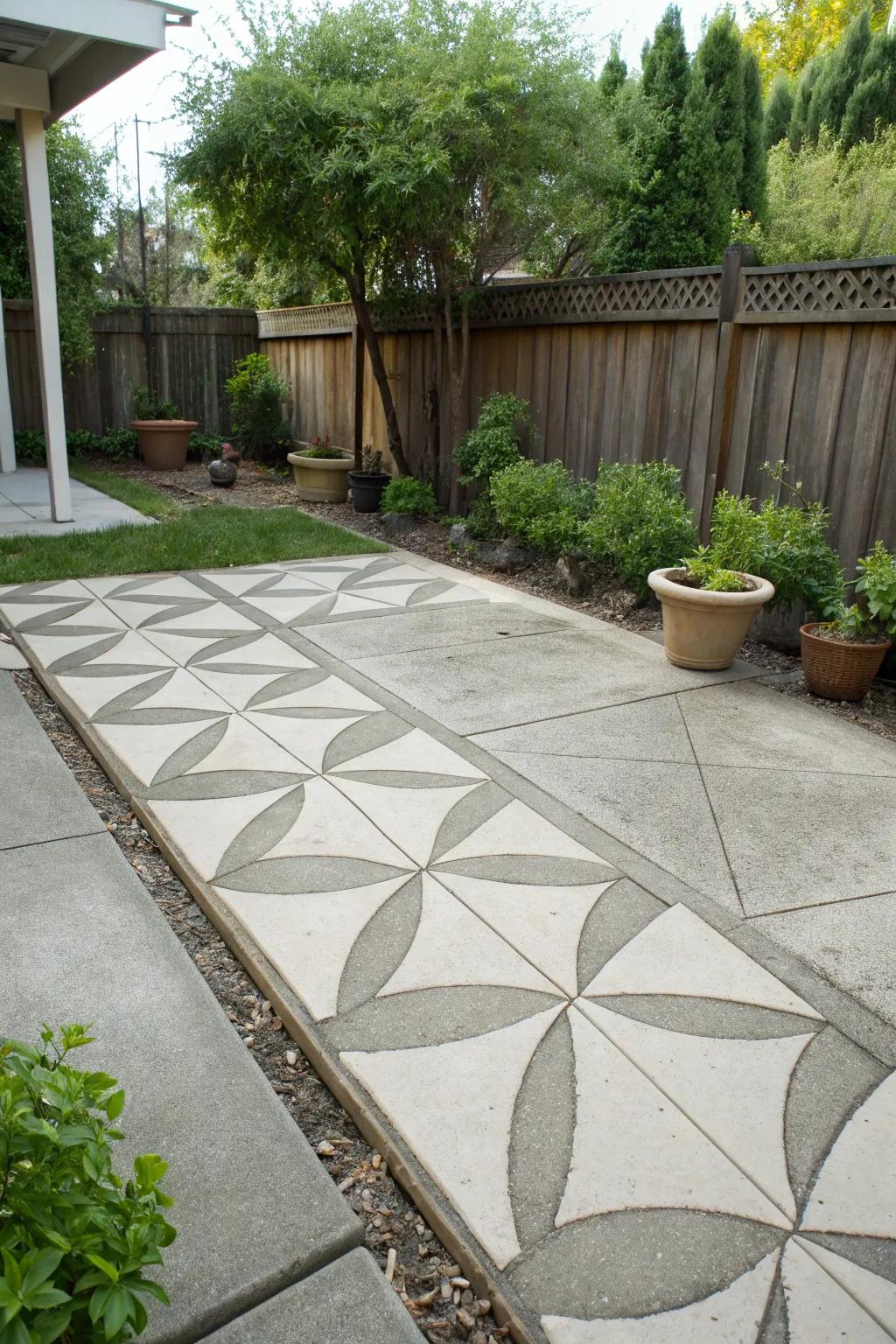 Optical illusion patterns on a patio create a captivating visual effect.