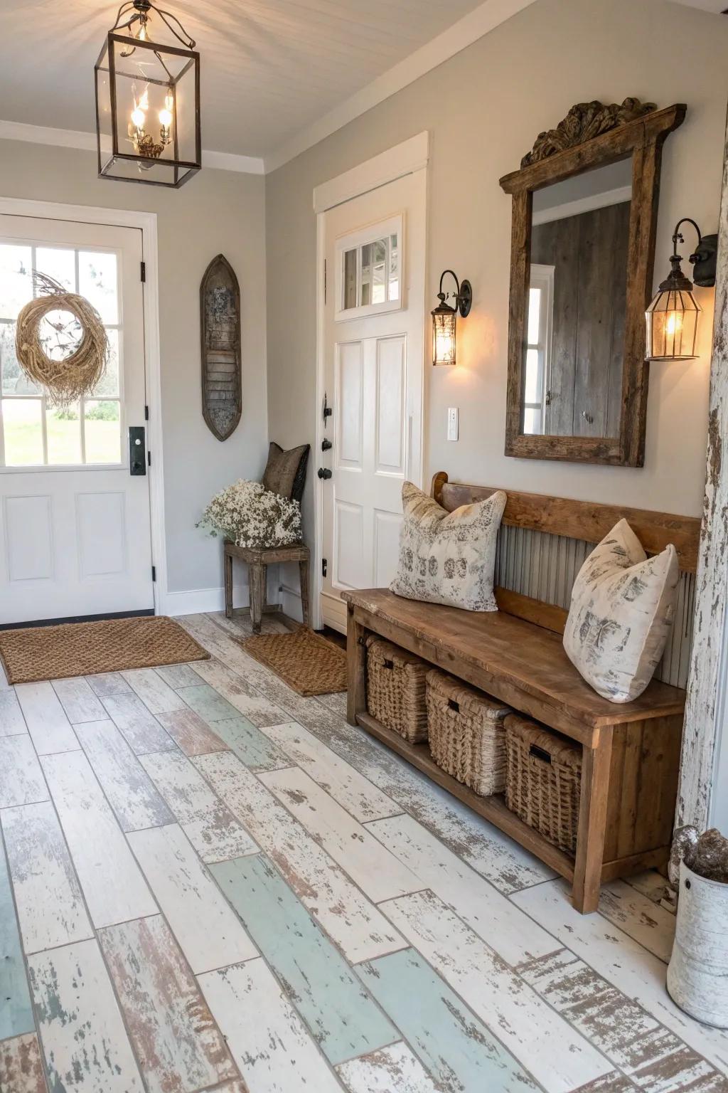 An entryway featuring country farmhouse painted floors, infusing warmth and personality into the space.