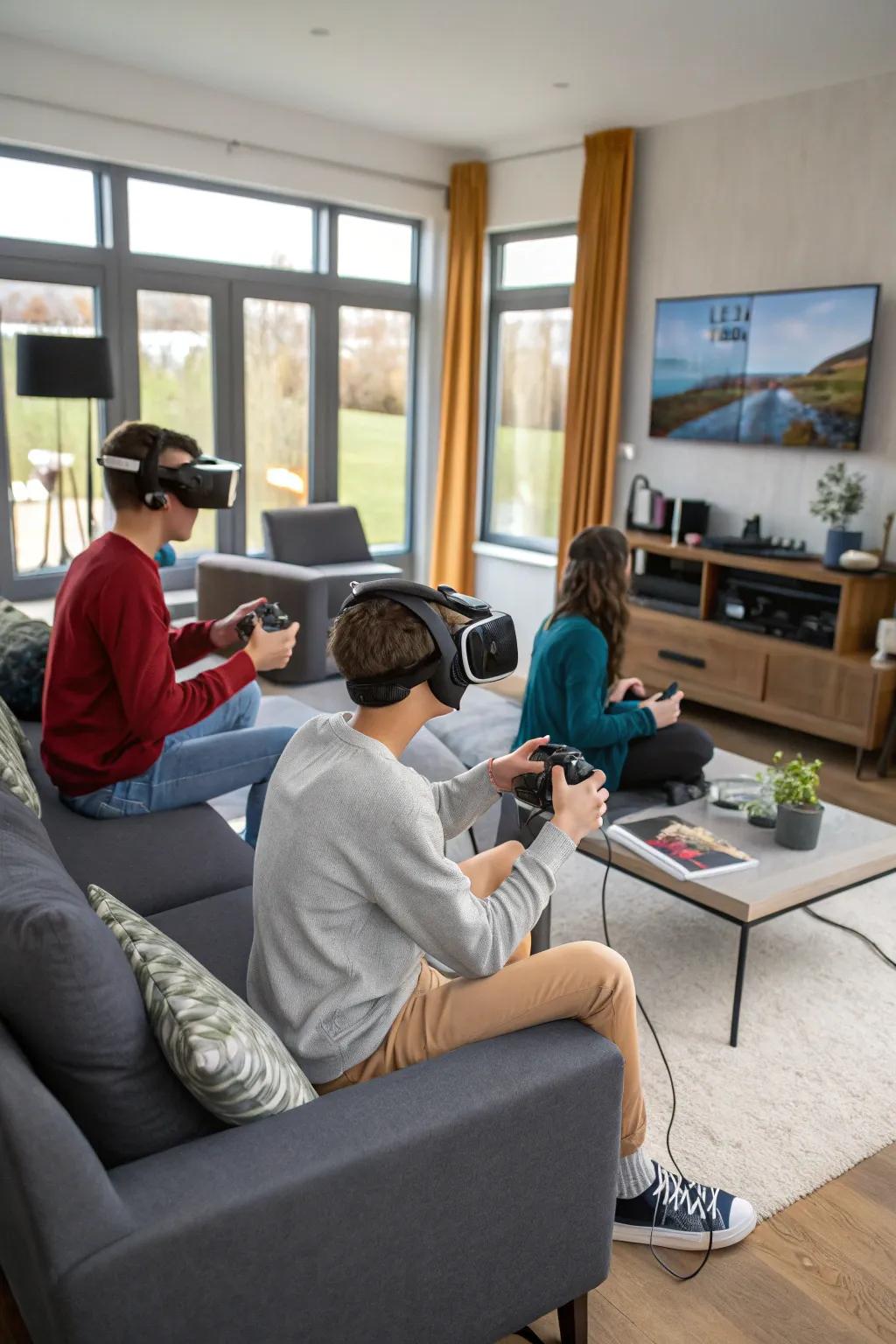 Teens experiencing immersive games at a simulated reality party.