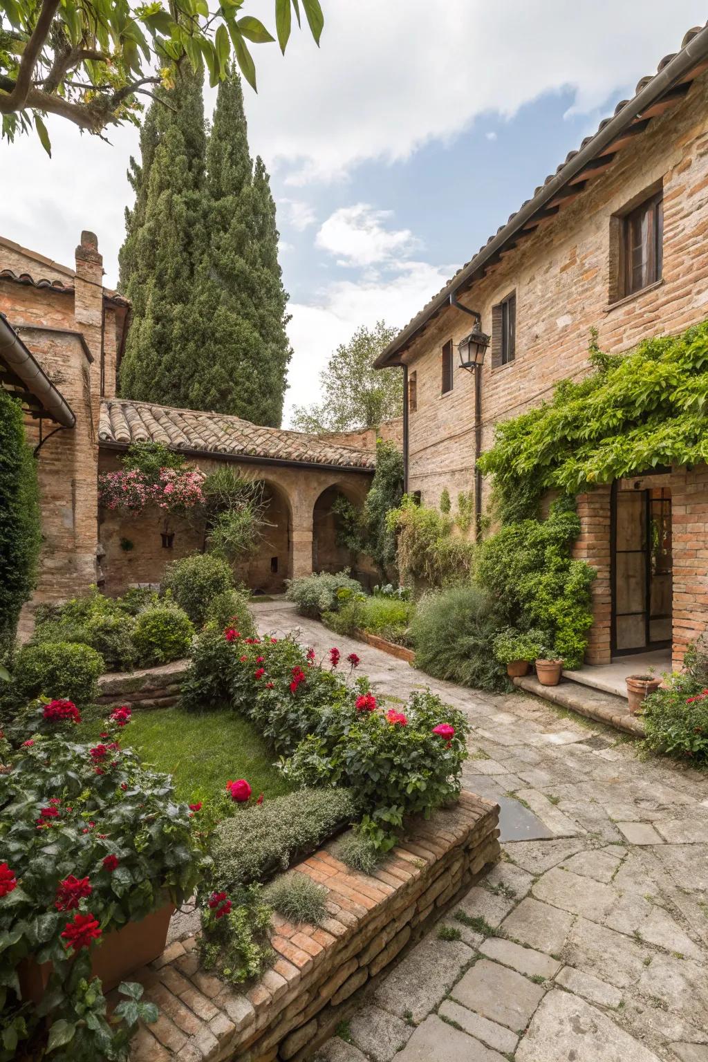 Natural stone and brickwork introduce rustic appeal to this garden.