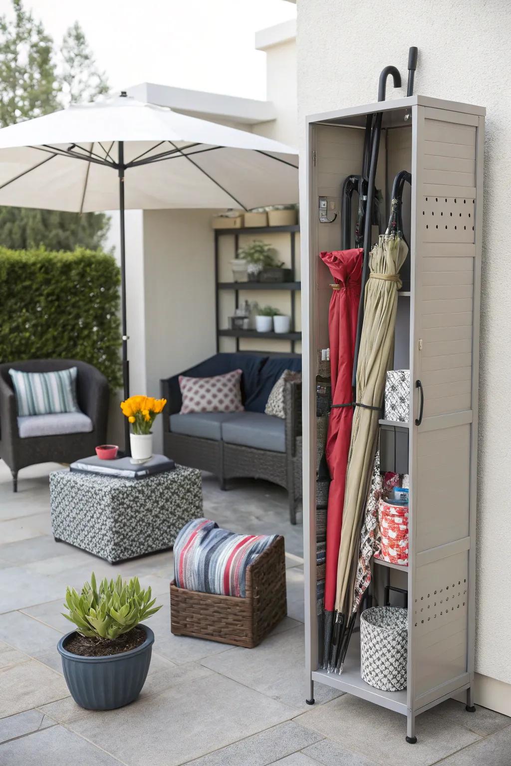 Area-conserving vertical storage unit intended for patio essentials.