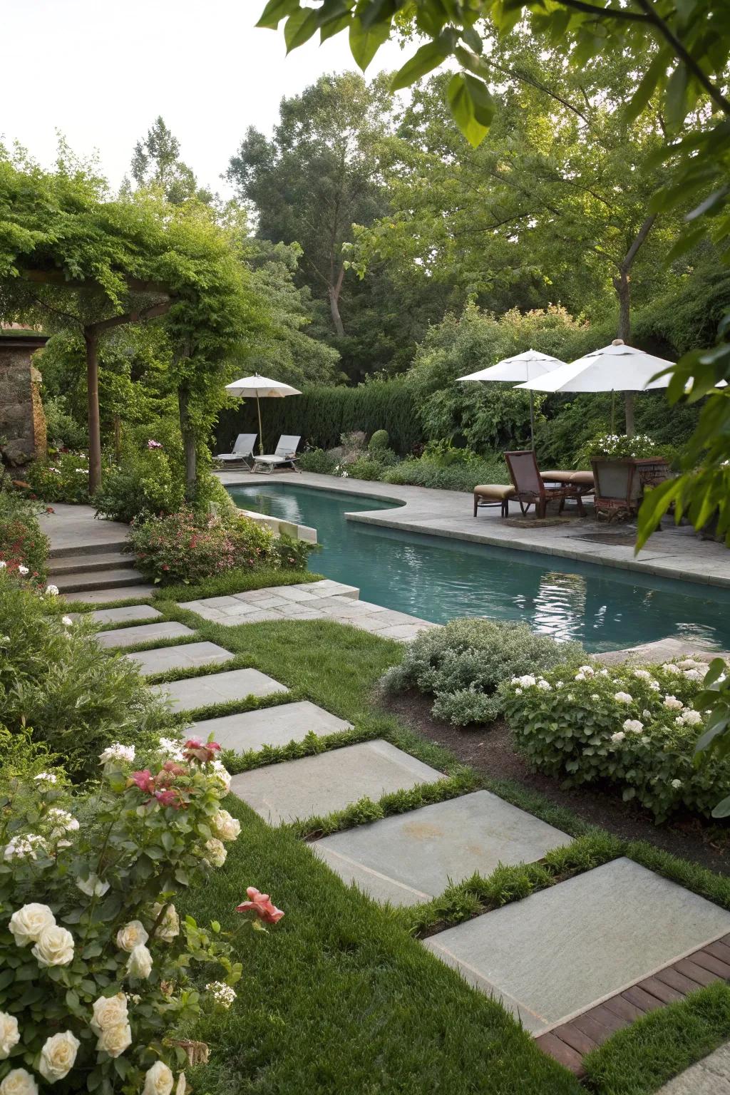 Strolling slabs establish an enchanting path to the pool.