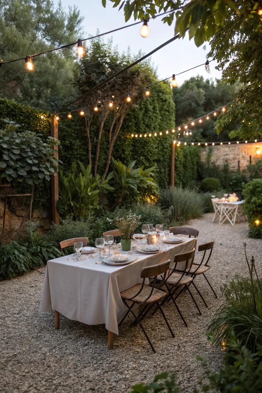 Chic open-air dining beneath twinkling lights.
