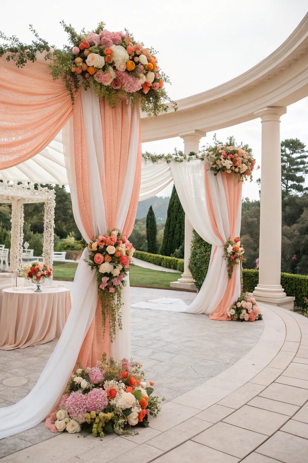 Gentle and refined peach and white sheer fabrics for elegant venues.