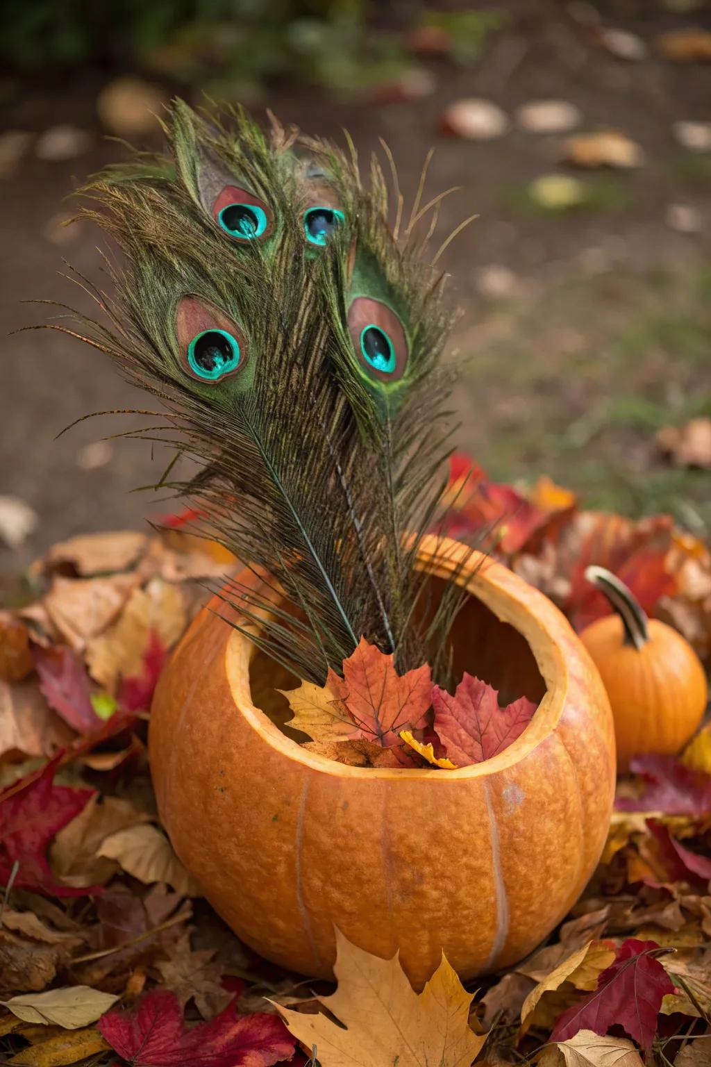 Seasonal charm conveyed through a squash and pheasant plume arrangement.