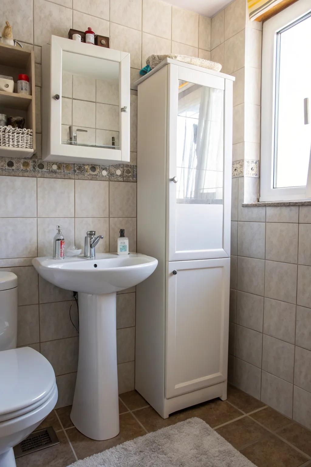 Over-the-toilet cabinets utilize vertical space.
