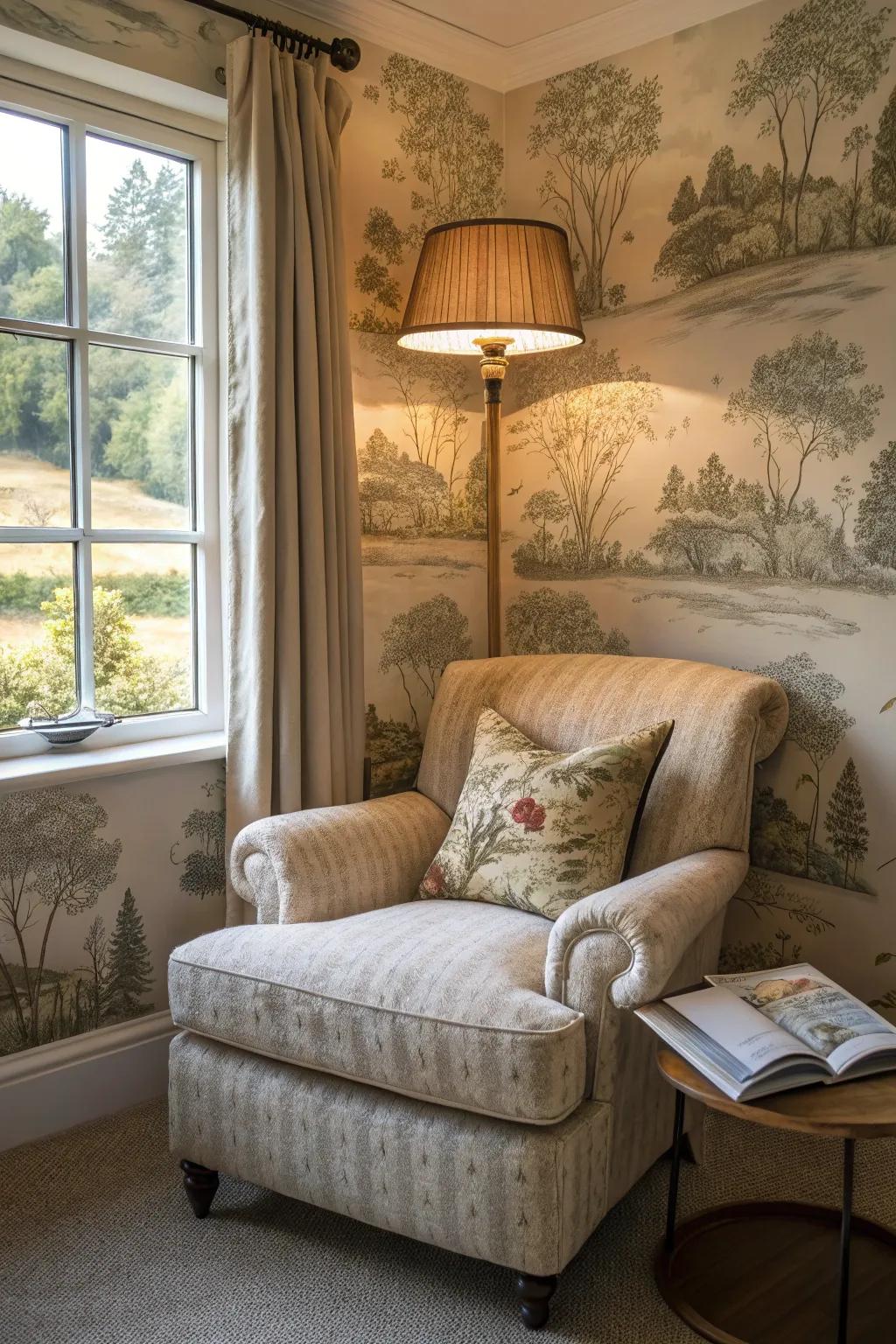 Design a comfortable reading space with peaceful wallpaper designs.