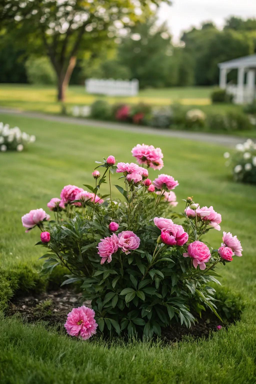 A stunning peony islet serving as a garden focal point.