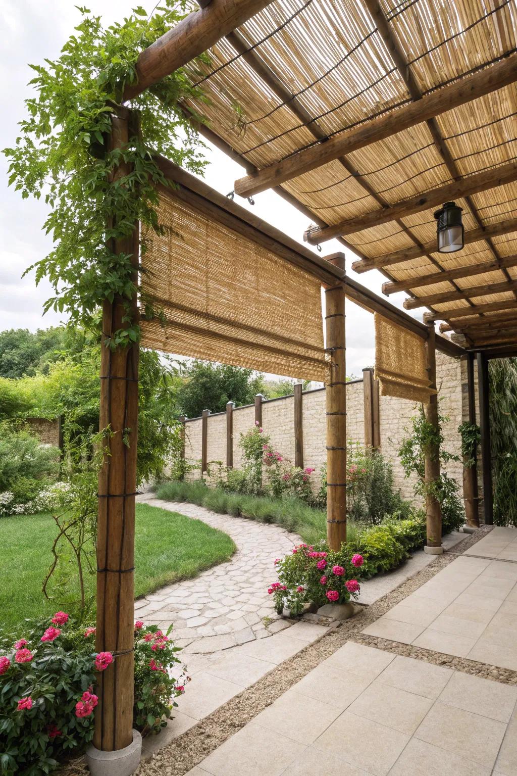 Eco-conscious shades add sustainable charm to pergolas.