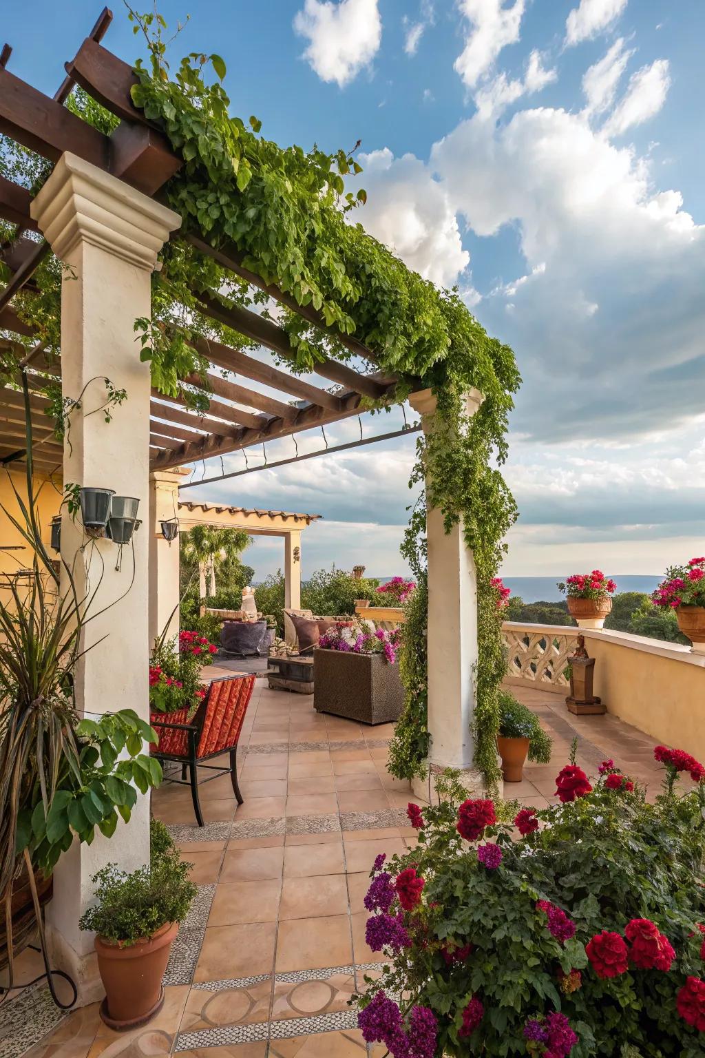 This pergola's Mediterranean-inspired decor gives it an exotic appeal.