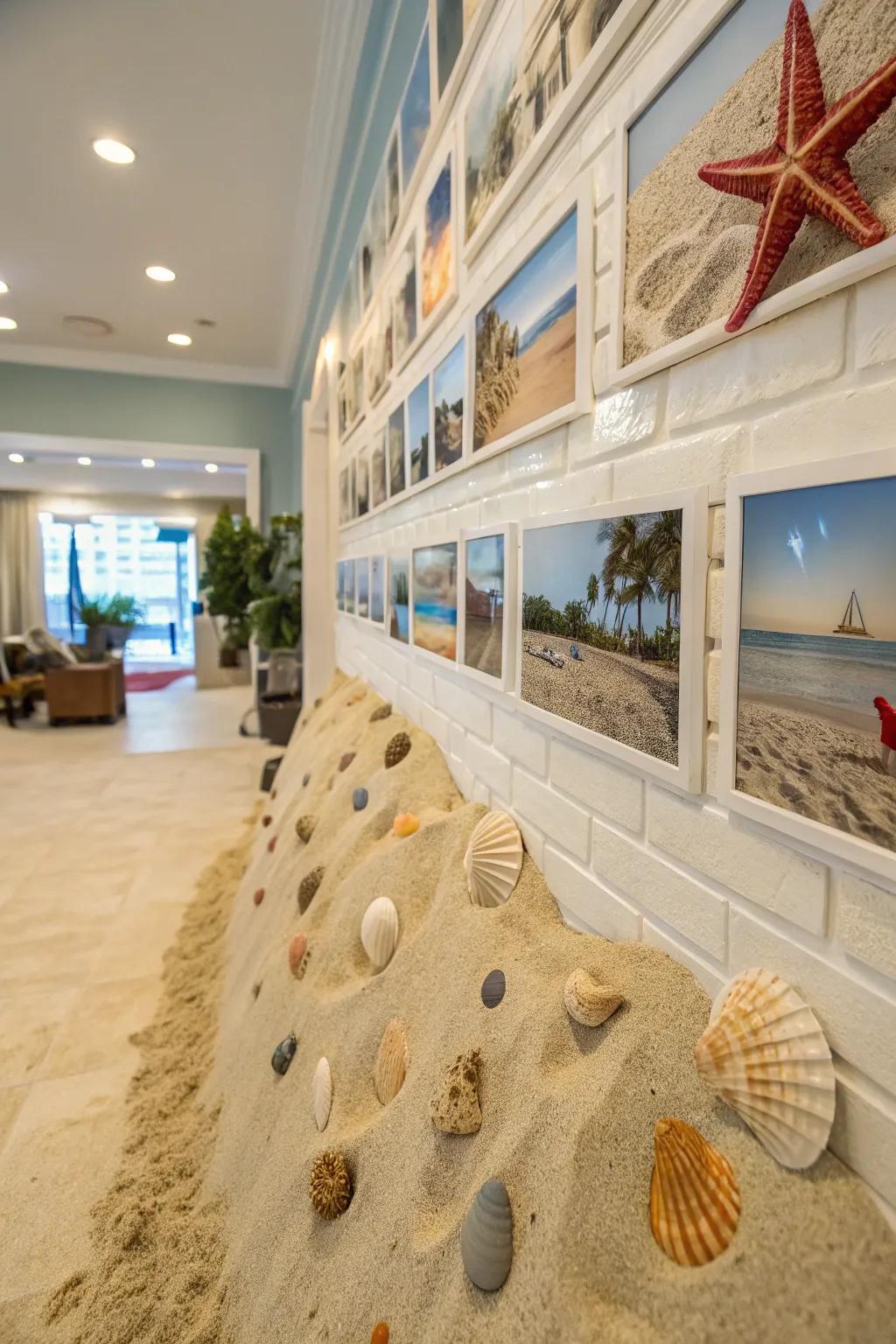 A coastal-themed photo backdrop showcasing granules and mollusks, teleporting attendees to a coastal paradise.