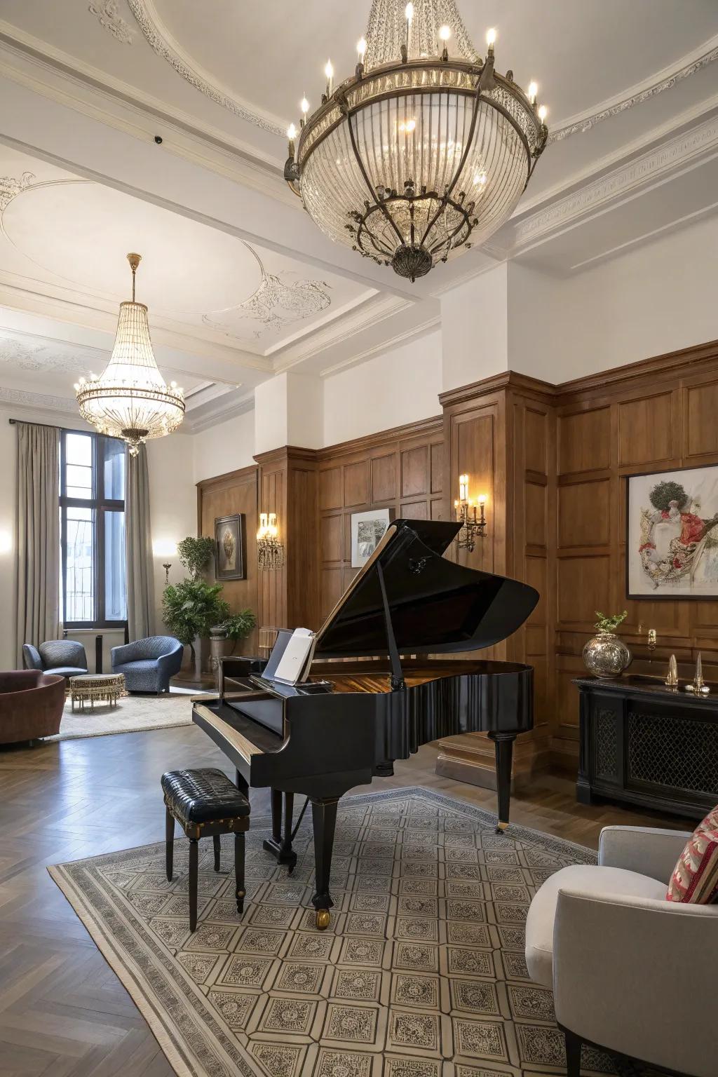 A fusion of classic and modern elements creates a timeless piano room.