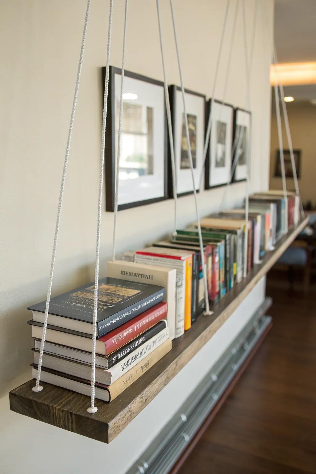 A display ledge used as a suspended library shelf maximizes space.