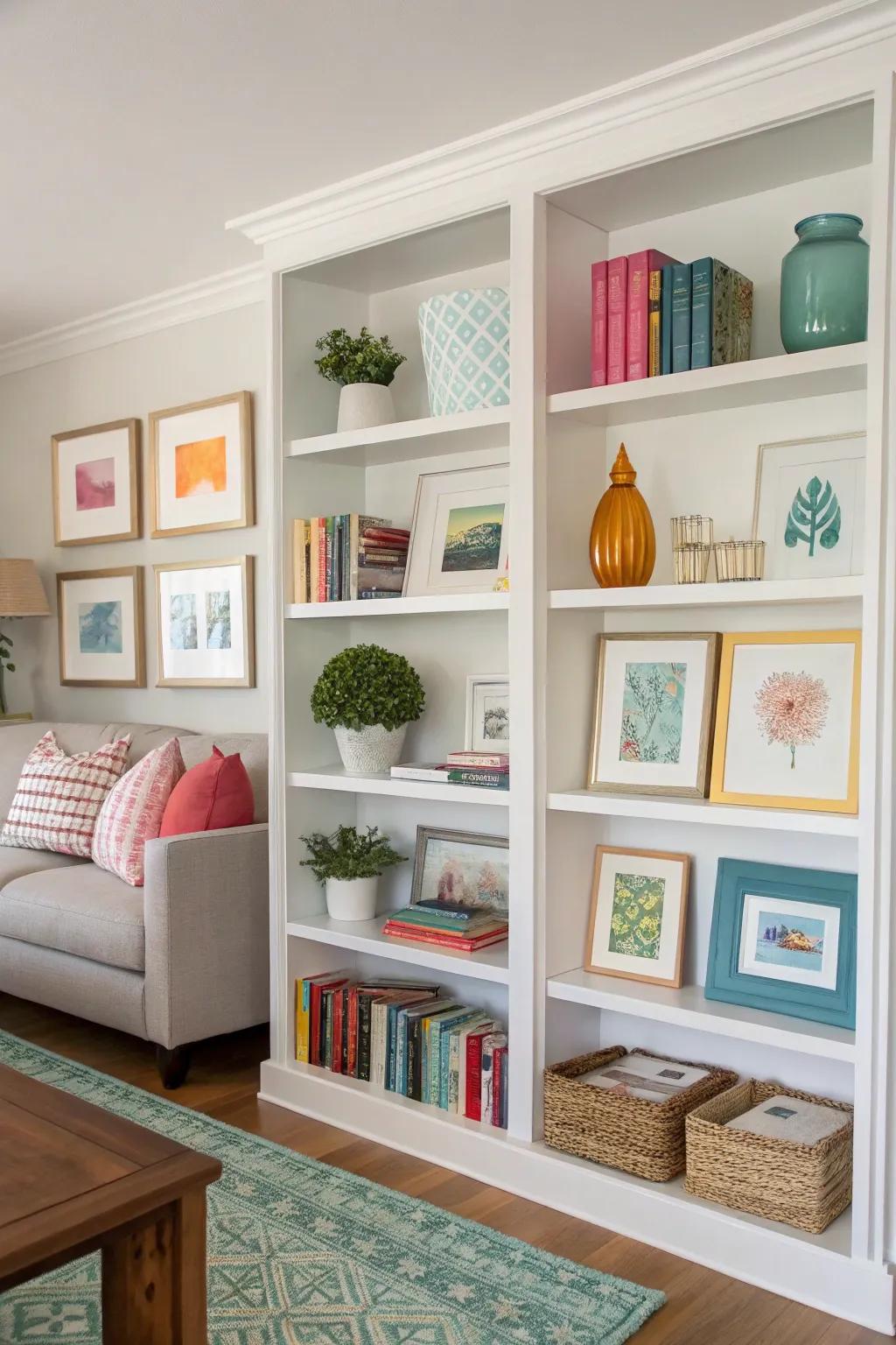 Color-coordinated picture ledges for a cohesive design.