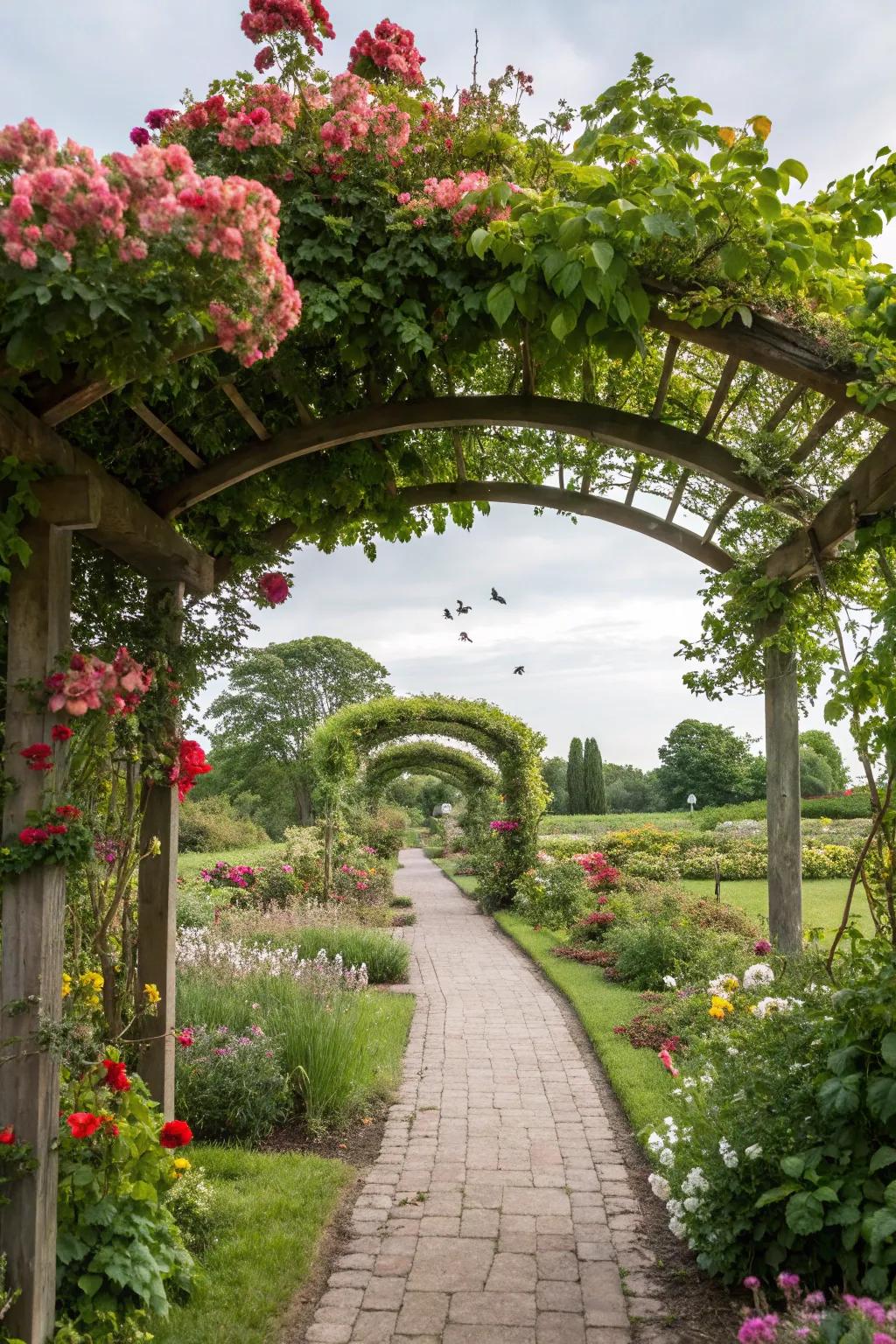 An arbor showcases a stunning display of seasonal blooms, creating a garden that evolves throughout the year.