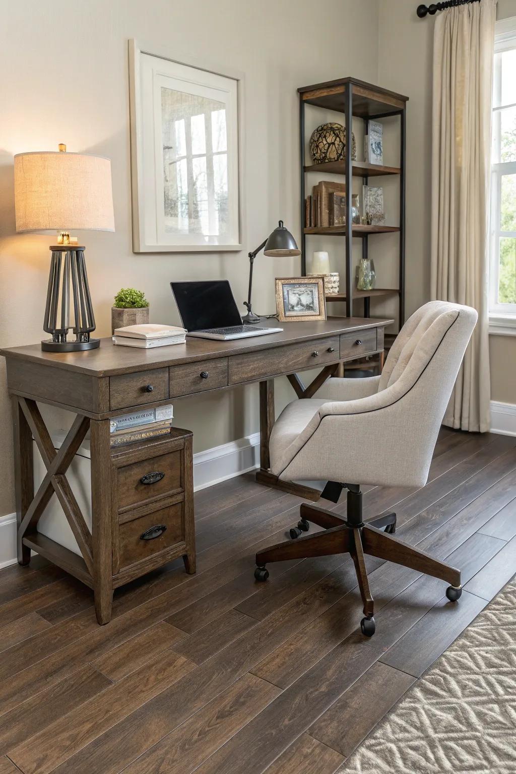 Enhanced wood floors bring elegance and durability to home offices.