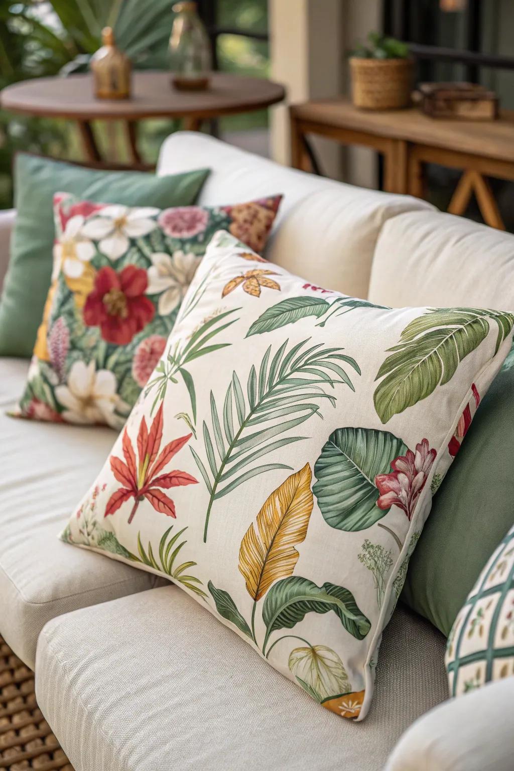 Botanical cushions bringing a revitalizing vibe to the aesthetic.