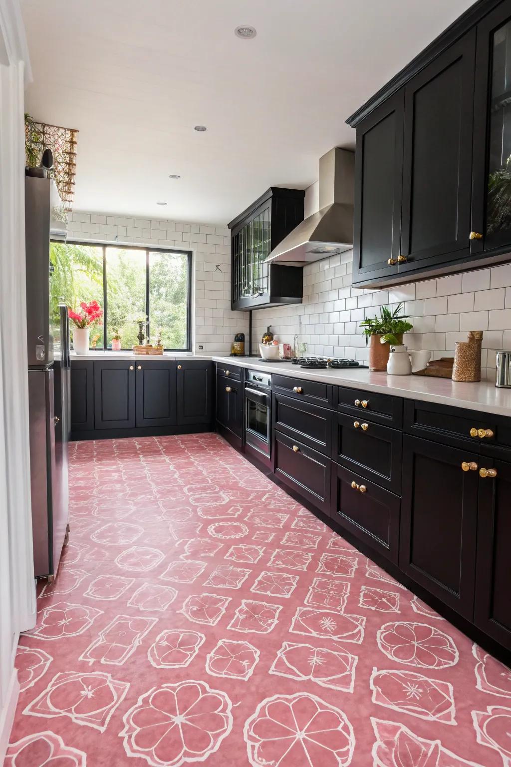 Bold rose floor covering injects dynamism and playfulness into the cooking space.