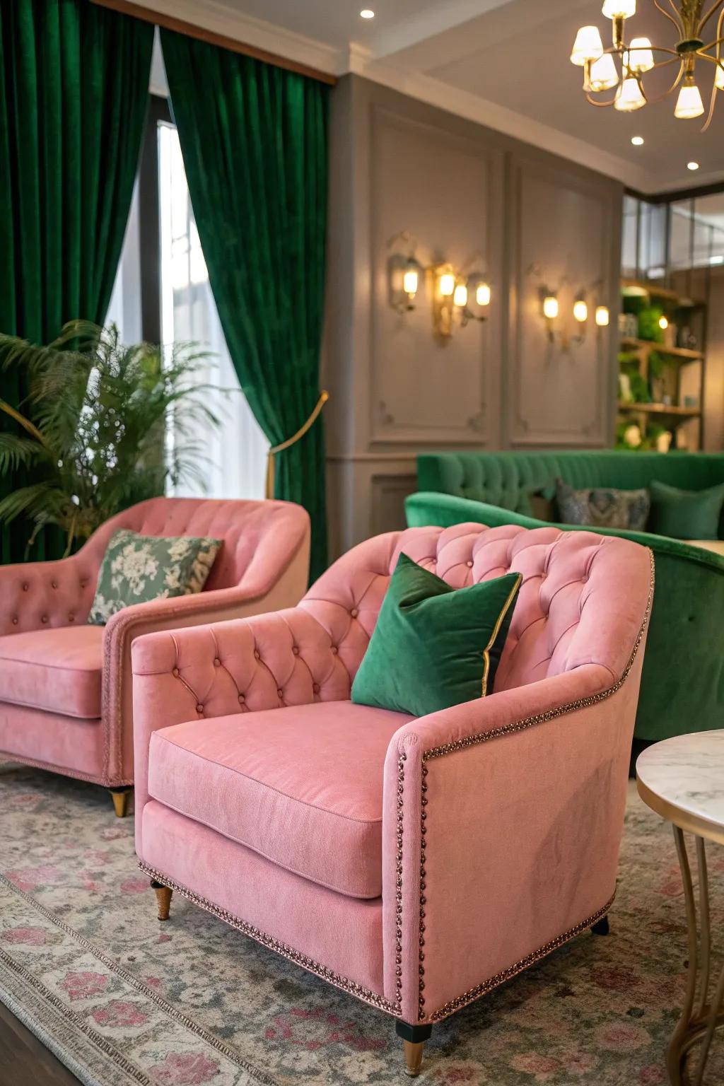 Lavishness is added with velvet furnishings in pink and green.