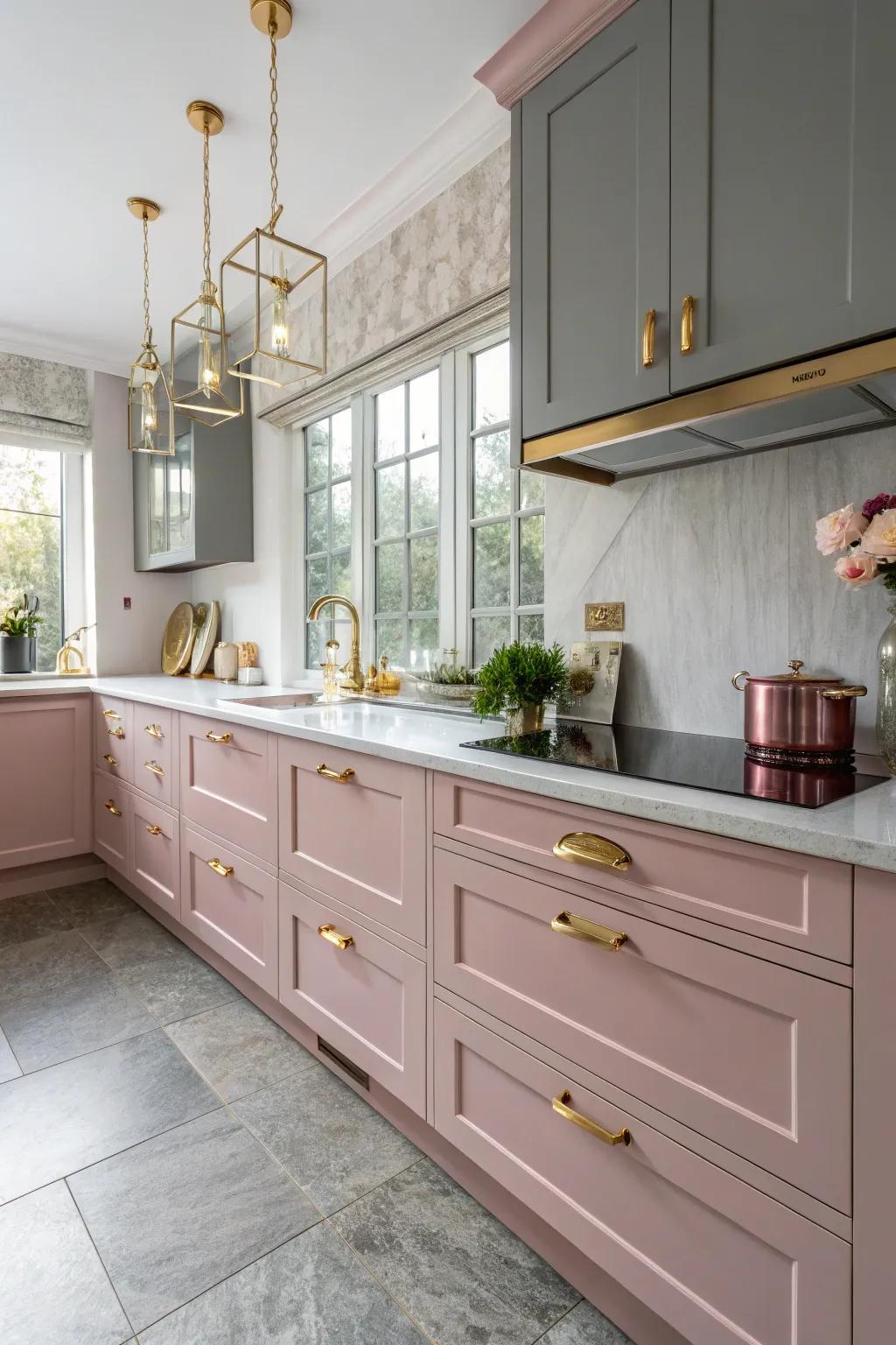 Gleaming gold accents enhancing the rose and silver design theme.