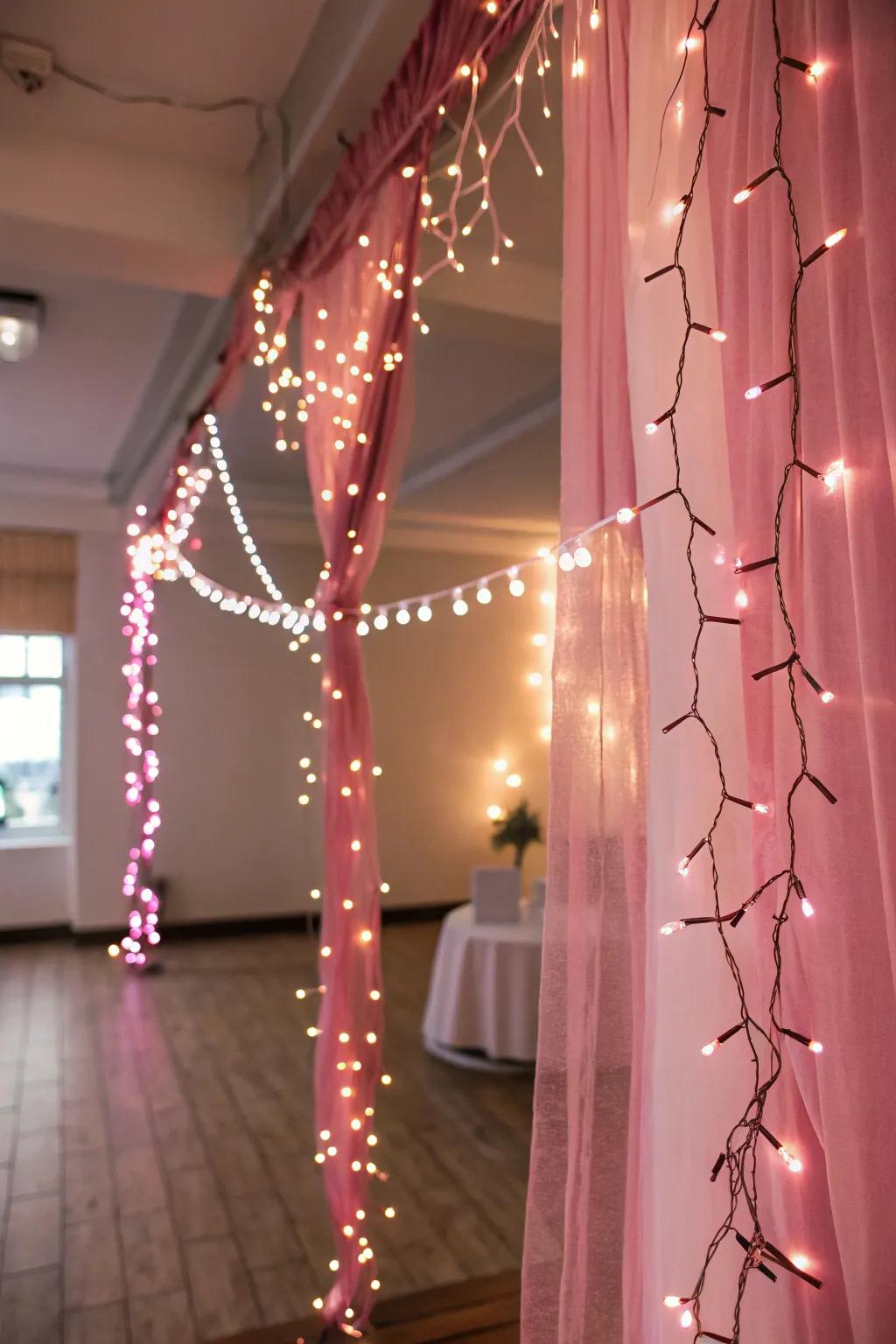 Playful pink fairy lights enhance the festive mood.