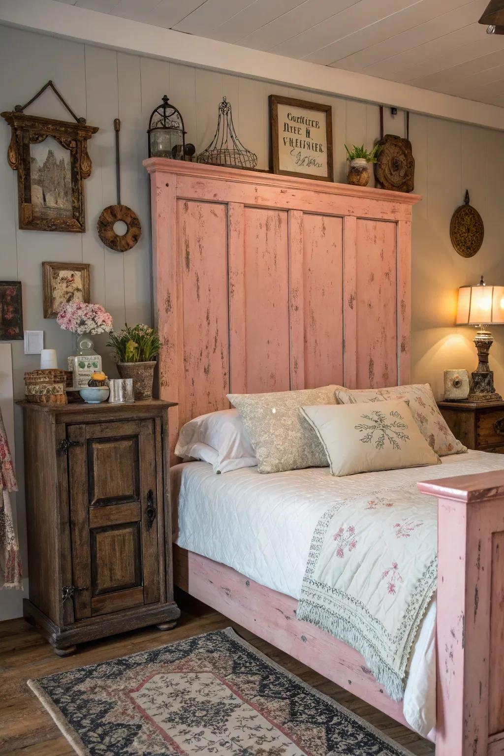 A rustic and charming bedroom starring a pink distressed wood headboard.