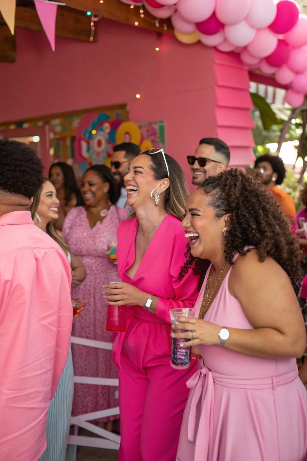 Attendees in roseate attire beautifully complement the party's theme.