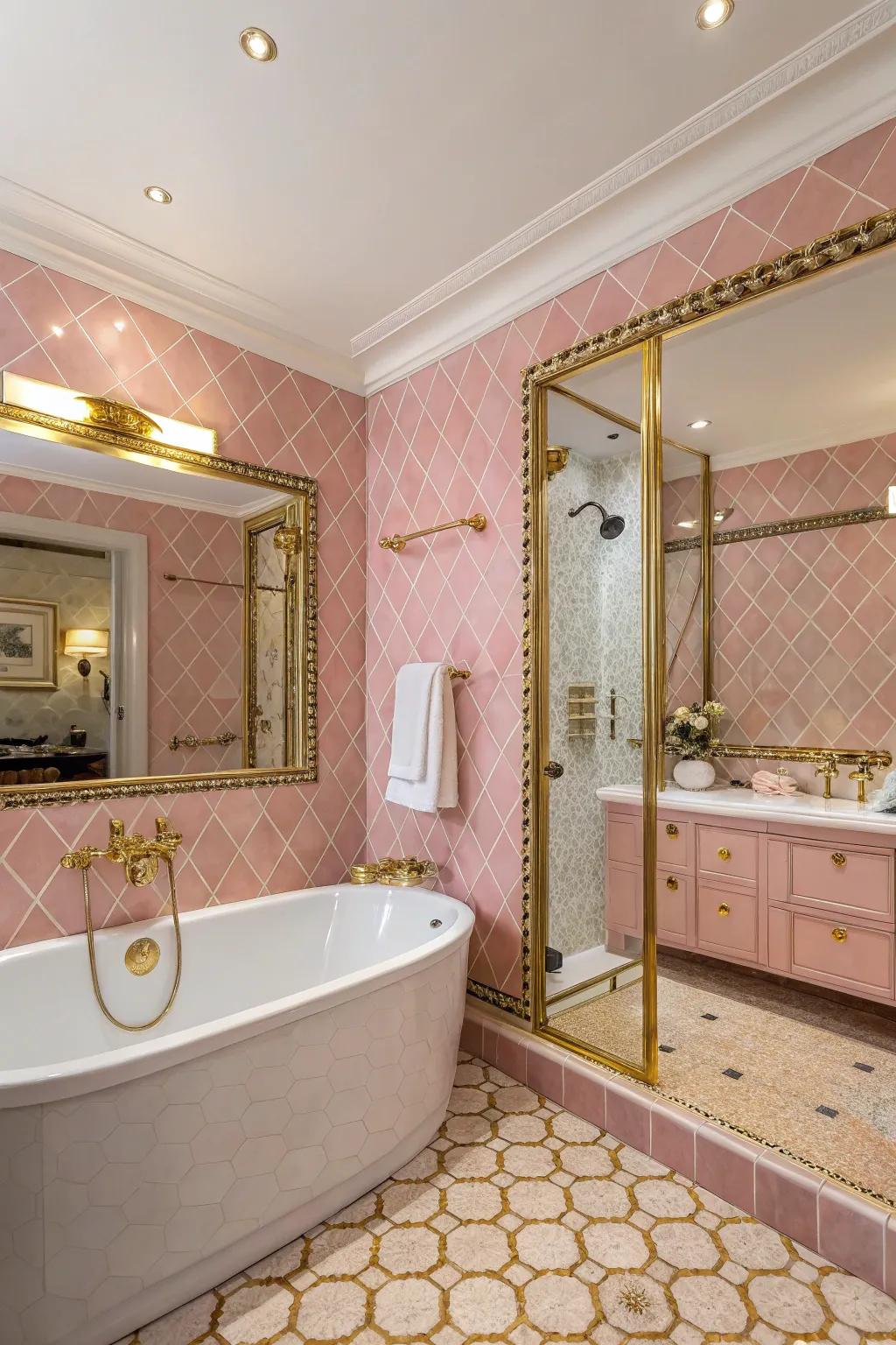 A deluxe bathroom showcasing rosy tiles and sophisticated gold accents.