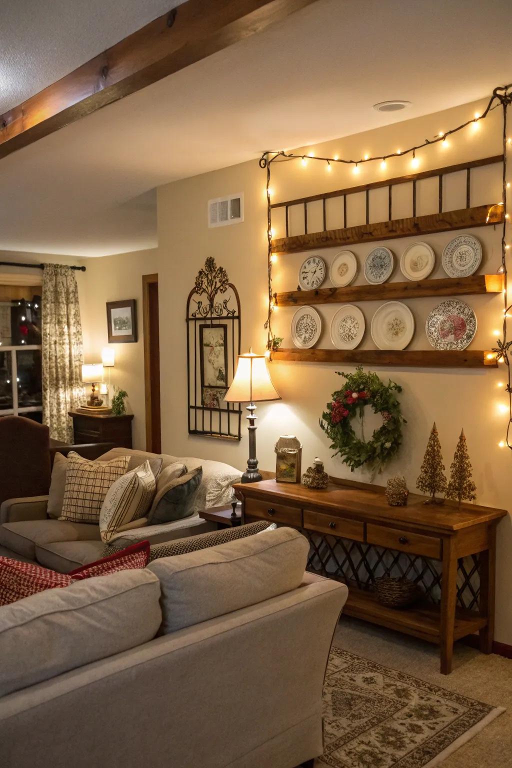 An inviting living area featuring an unexpected plate rail element