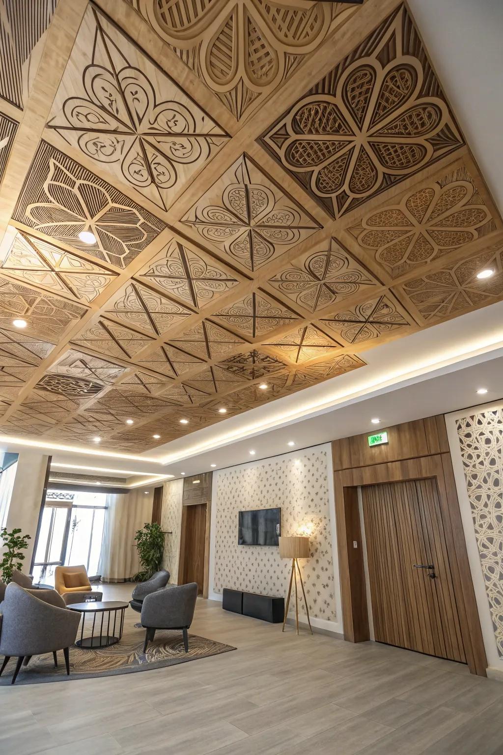 A stunning geometric plywood ceiling that adds architectural interest.