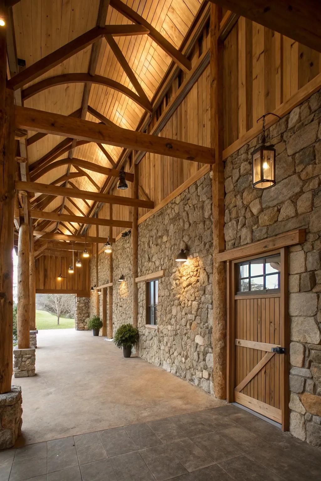 Natural features inside a pole barn showcasing stone walls and timber beams.