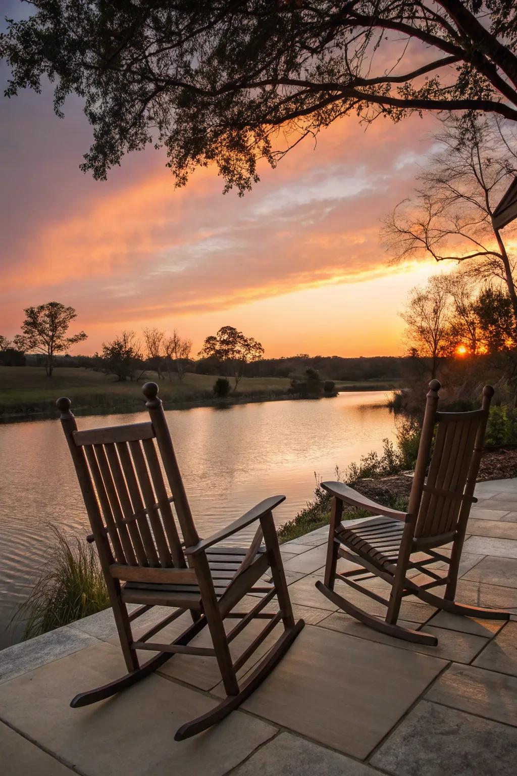 Rocking chairs deliver a nostalgic, soothing seating choice by the pond.