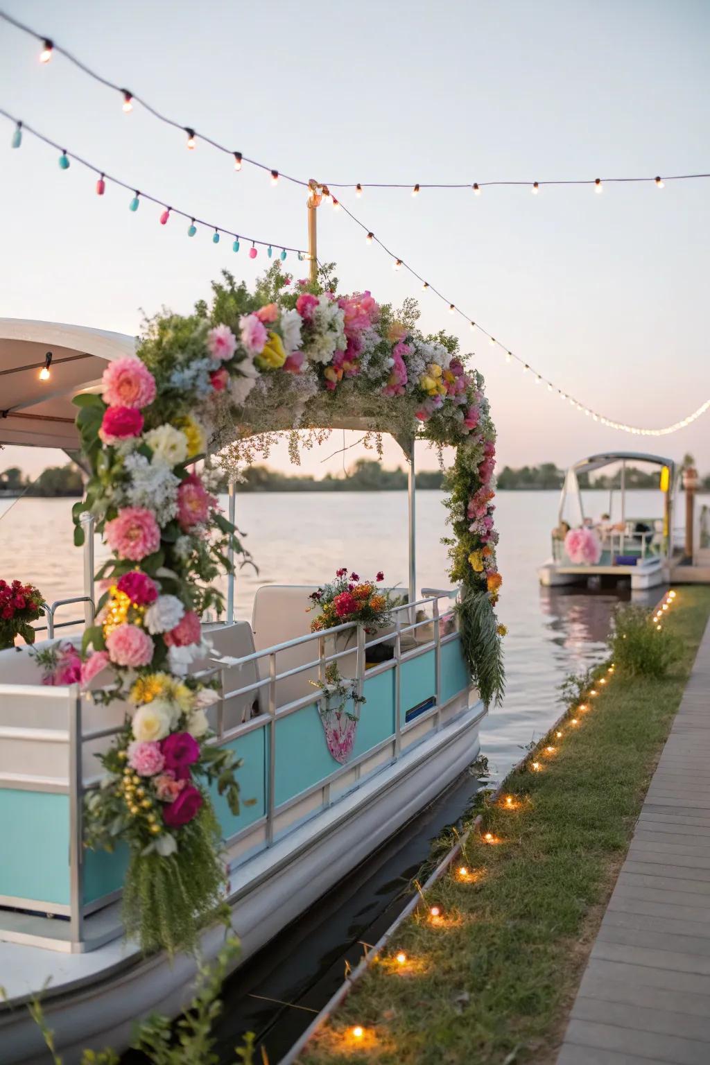 A pontoon boat with a cultivated get together theme, flourishing with blooms.