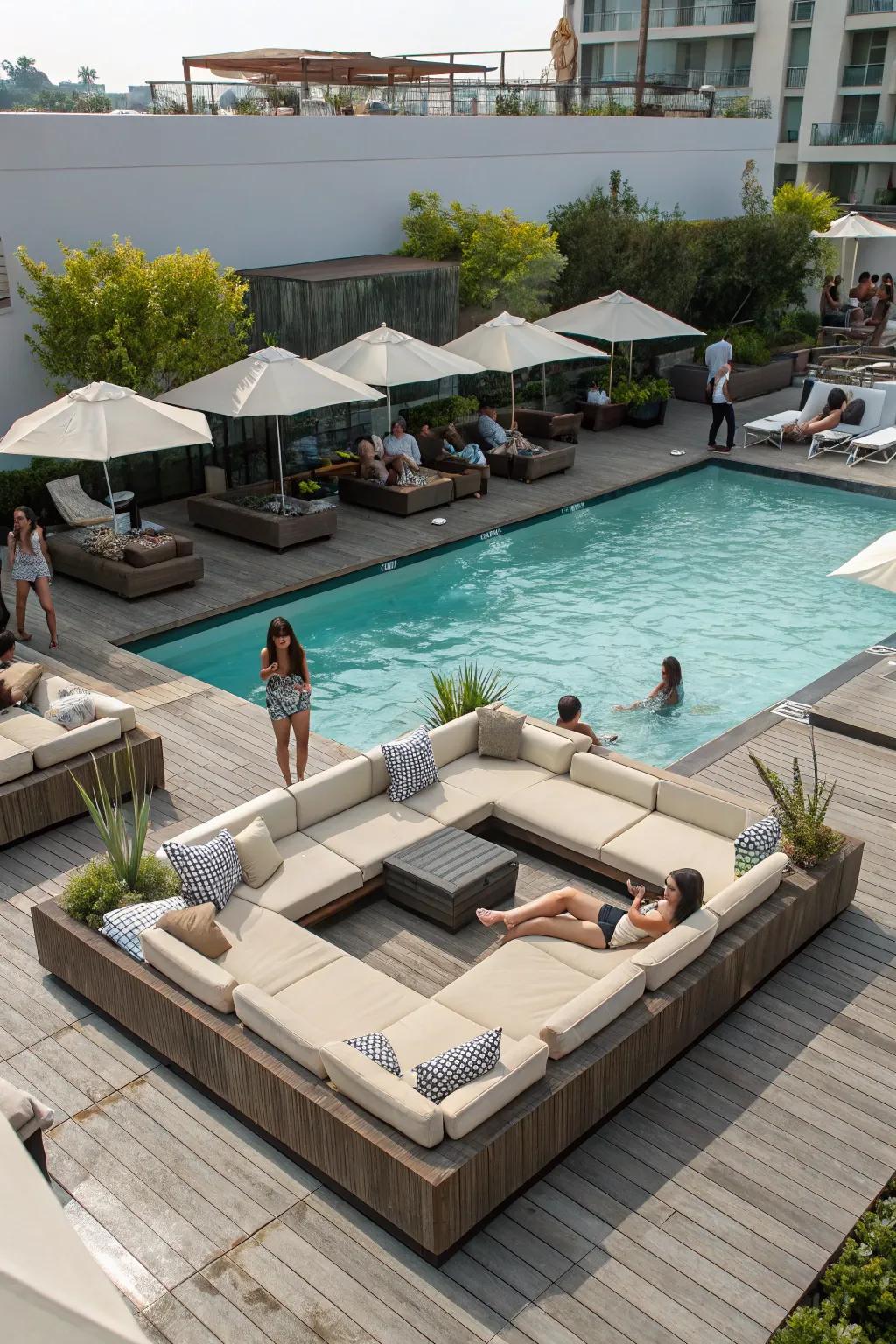 On the pool deck, modular sectionals provide flexible seating.
