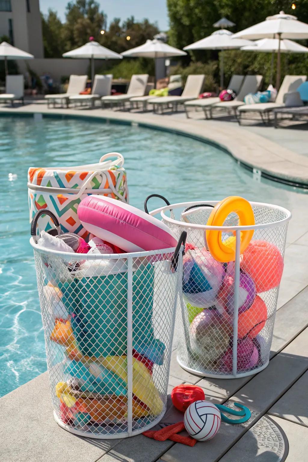 Mesh bins certify rapid desiccation and thwart mildew formation in pool floats.