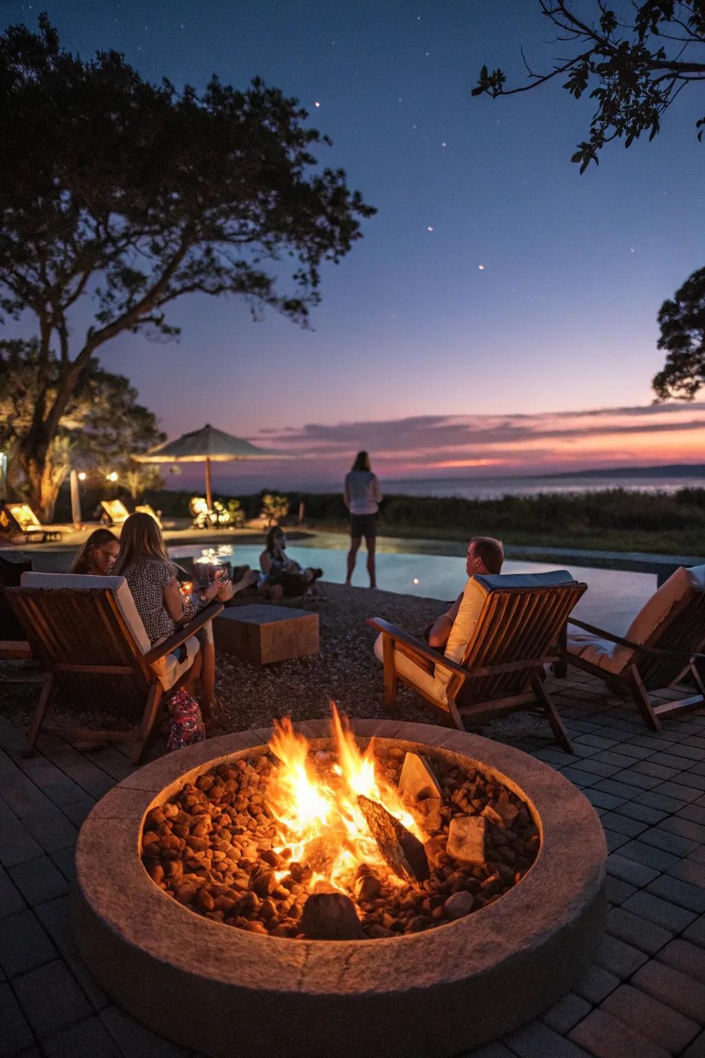 A fire pit adds warmth and charm to your poolside, great for evening gatherings.