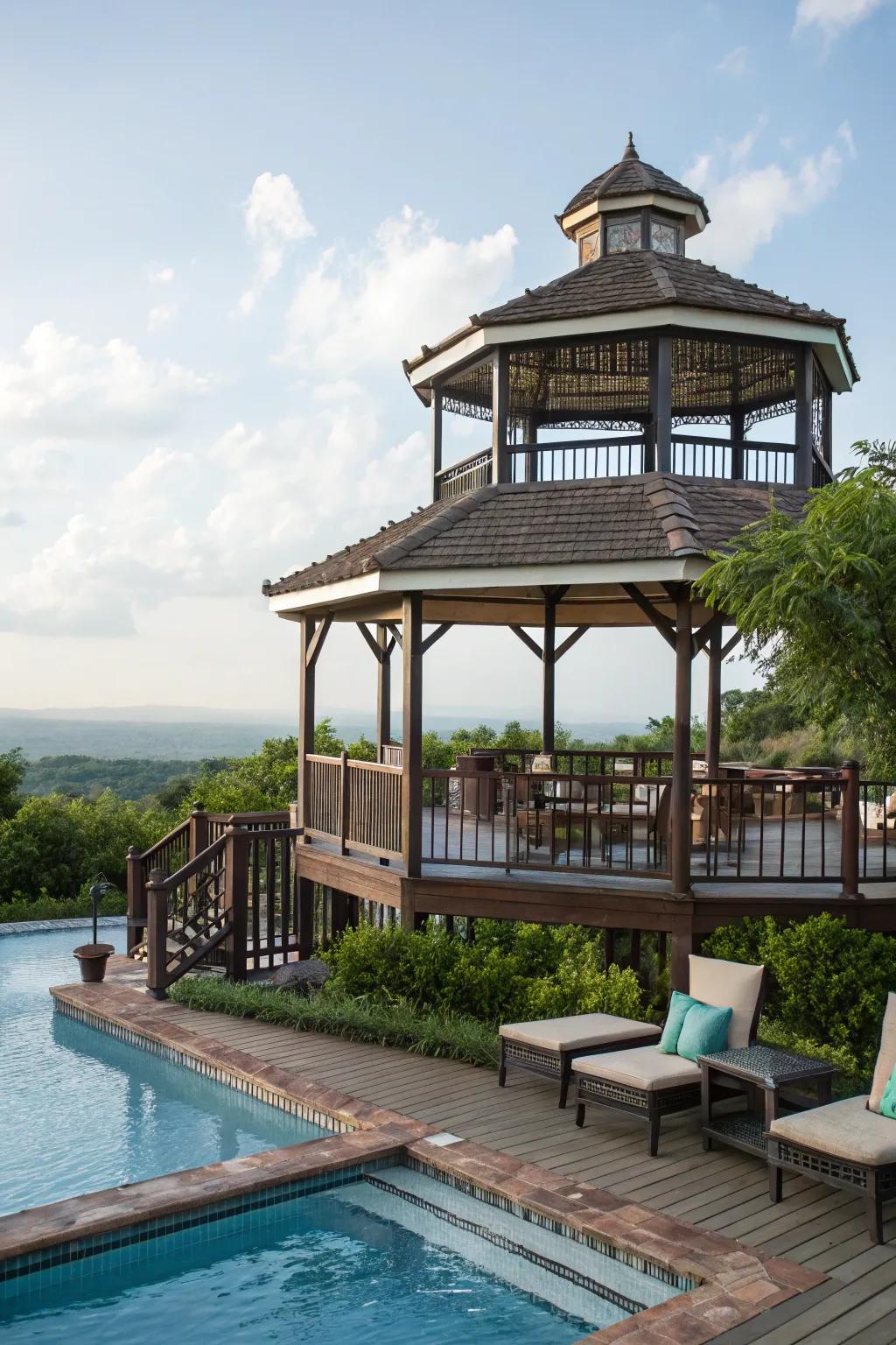 Tiered decks enhance the visual appeal of the poolside gazebo.