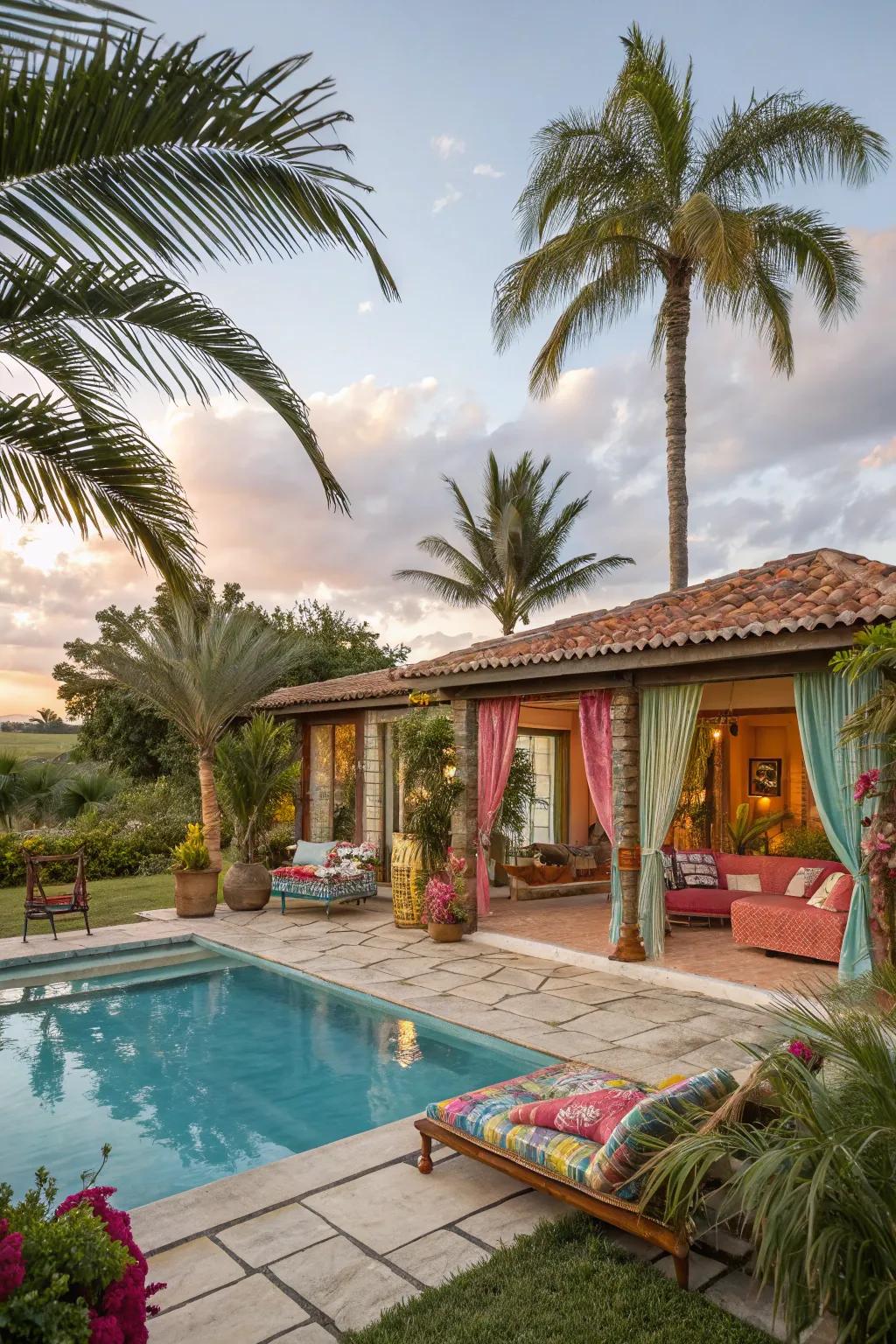 A pool house with a bright, tropical theme.