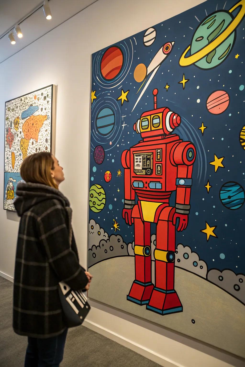A futuristic pop art illustration featuring a robot on a cosmic backdrop.