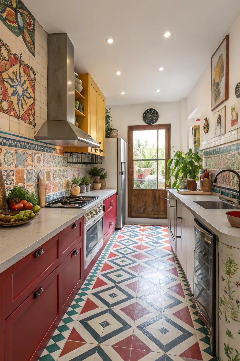 Shaped tile patterns convert kitchen floors into daring design assertions.