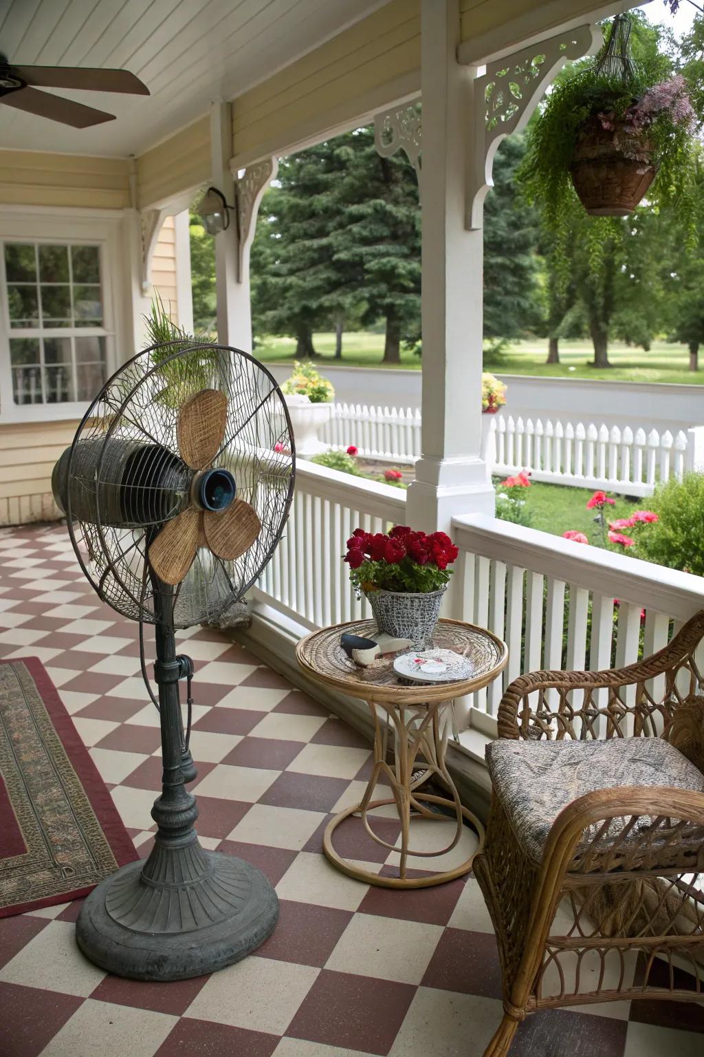 An antique air mover adds vintage charm to this classic porch setup.