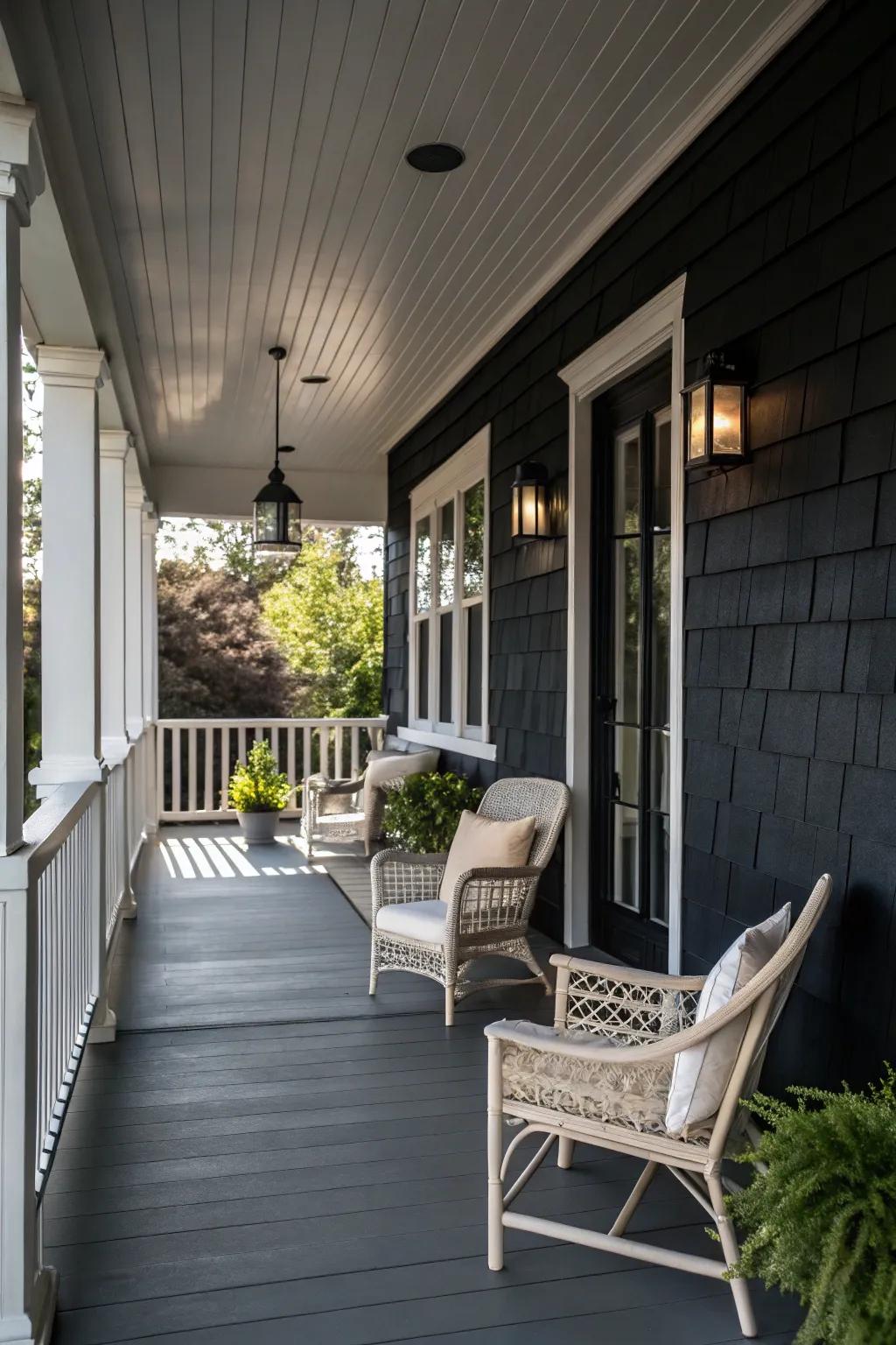 A moody charcoal veranda that presents a striking and contemporary aesthetic.