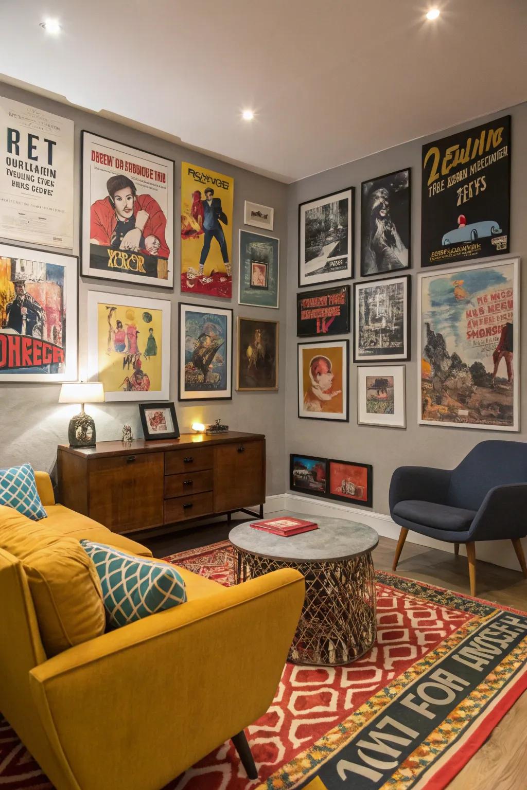 An eclectic living room showcasing a diverse collection of poster designs.