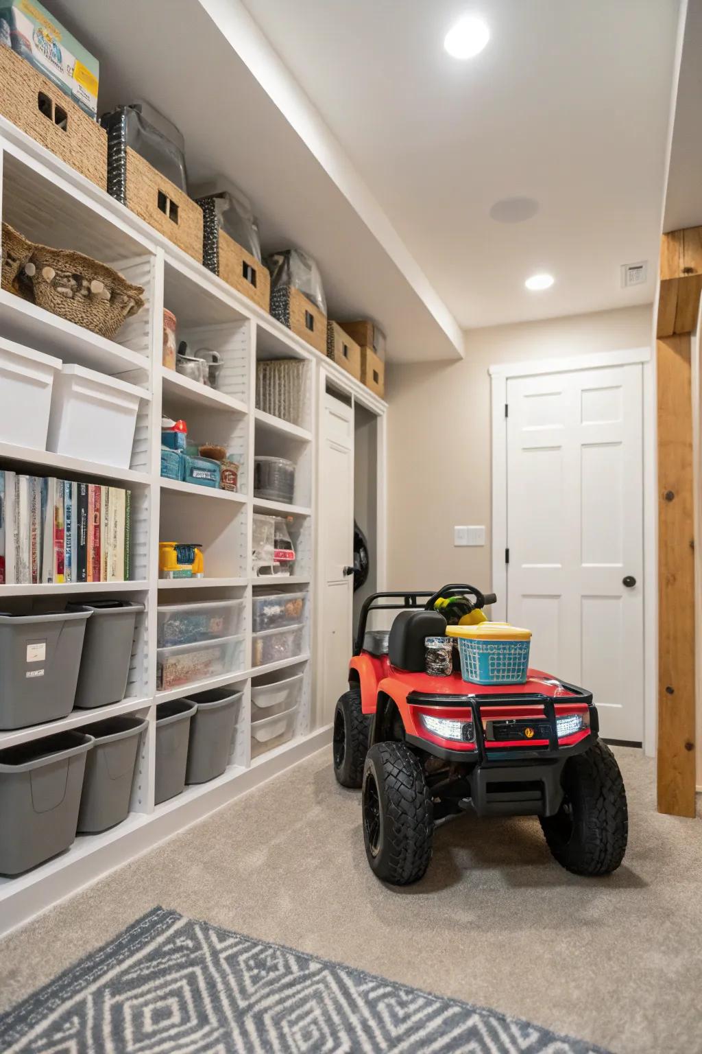 Basement nooks are perfect storage spots for ride-on toys.
