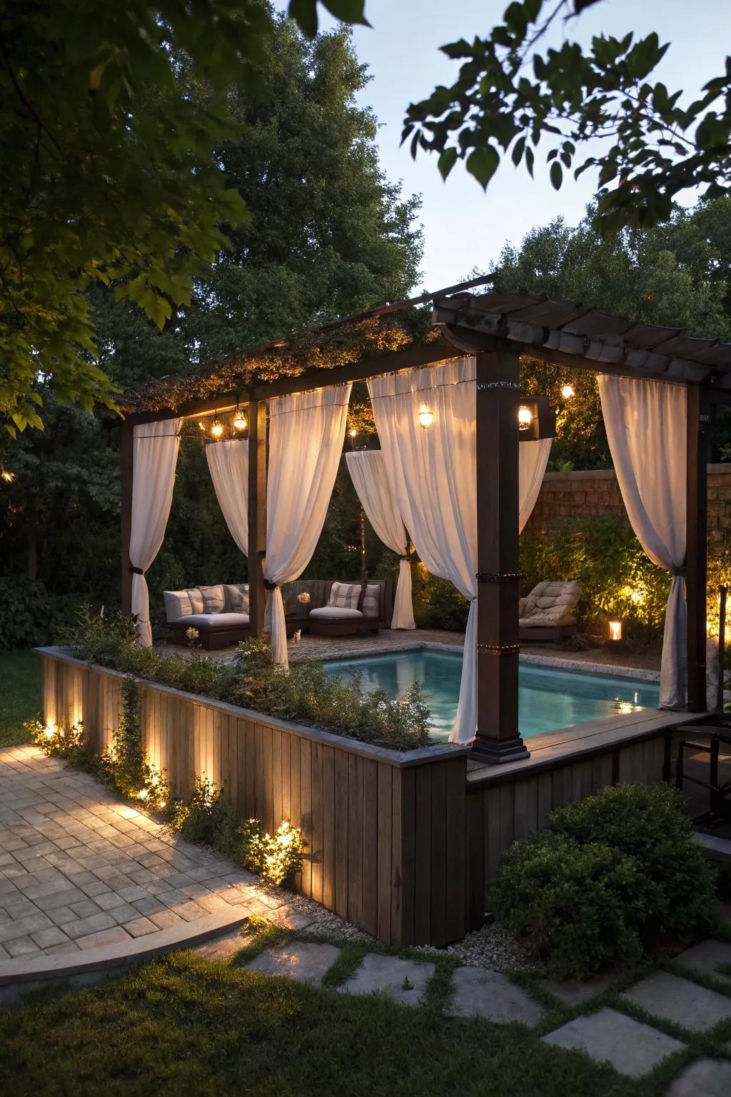 Design a cozy retreat using a pergola adorned with drapes.