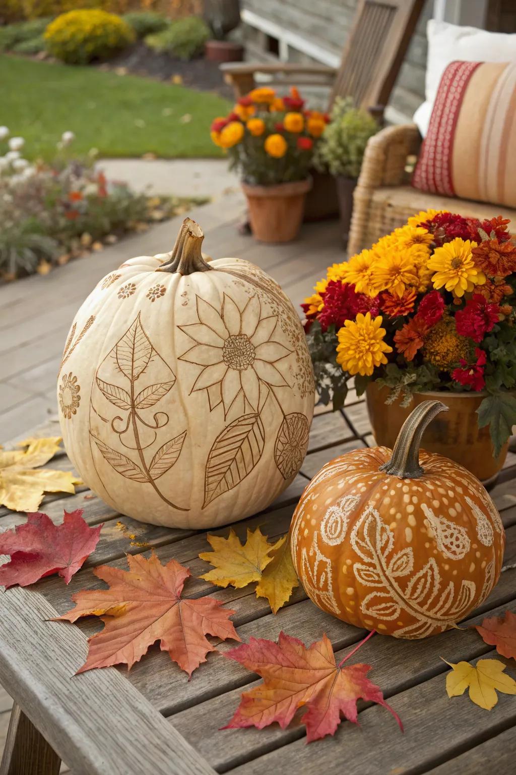 Celebrate fall with elegant plant-based pumpkin designs.