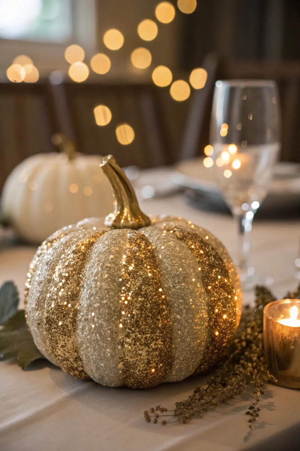 A radiant glimmer pumpkin contributing sparkle to autumnal aesthetic.